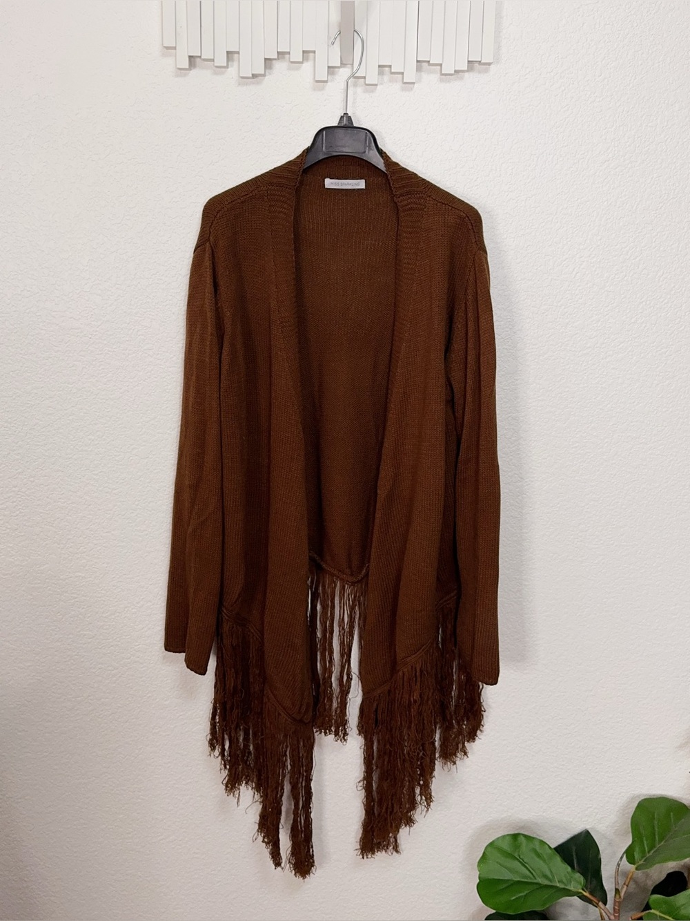 Miss Sparkling Brown Fringe Open Front Waterfall Longline Knit Cardigan